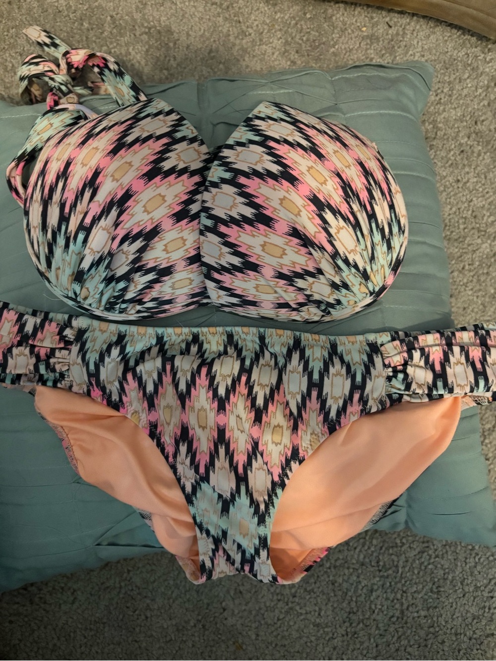 Victoria's Secret Multicolor Aztec Print Bikini — Pink, Peach, Black, Aqua